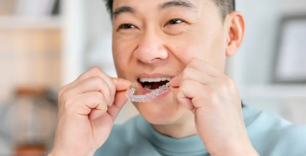 Person at the dentist's office adjusting their Invisalign aligners.